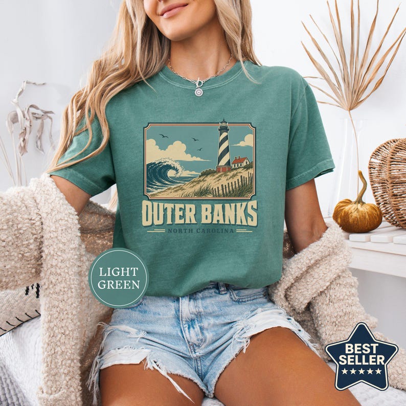 Outer Banks North Carolina Tee, Vintage Beach Poster Shirt, OBX Vacation Gift, North Carolina Travel Tee, Outer Banks Souvenir Light Green