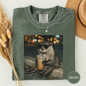 Funny Otter Drinking Iced Coffee Shirt, Animal Meme Graphic Tee, Otter Lover Gift, Funny Otter Shirt, Coffee Lover Tee, Otter Tee Moss