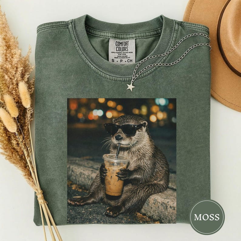 Funny Otter Drinking Iced Coffee Shirt, Animal Meme Graphic Tee, Otter Lover Gift, Funny Otter Shirt, Coffee Lover Tee, Otter Tee Moss