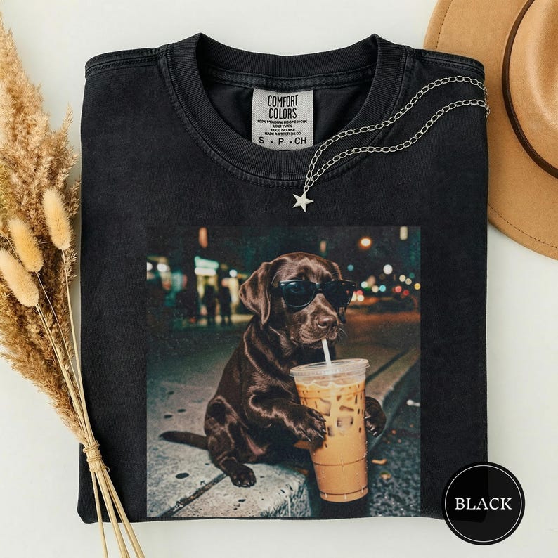 Funny Chocolate Lab Drinking Iced Coffee Shirt, Animal Meme Tee, Dog Lover Gift, Funny Lab Shirt, Dog Mom Gift, Chocolate Lab Gift Black
