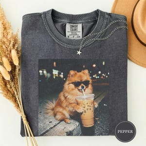 Funny Pomeranian Drinking Iced Coffee Shirt, Animal Meme Tee, Dog Lover Gift, Funny Pom Shirt, Coffee Lover Tee, Dog Mom Gift