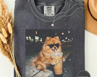 Funny Pomeranian Drinking Iced Coffee Shirt, Animal Meme Tee, Dog Lover Gift, Funny Pom Shirt, Coffee Lover Tee, Dog Mom Gift
