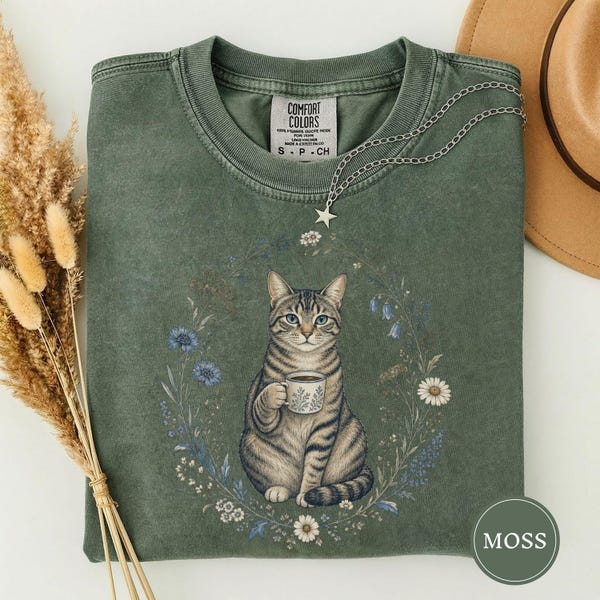 Camiseta Boho para Amantes de Gatos e Café, Camiseta Cottagecore para Amantes de Gatos e Café, Presente Divertido para Amantes de Gatos e Café, Camiseta para Mães de Gatos e Café, Presente para Amantes de Gatos e Café