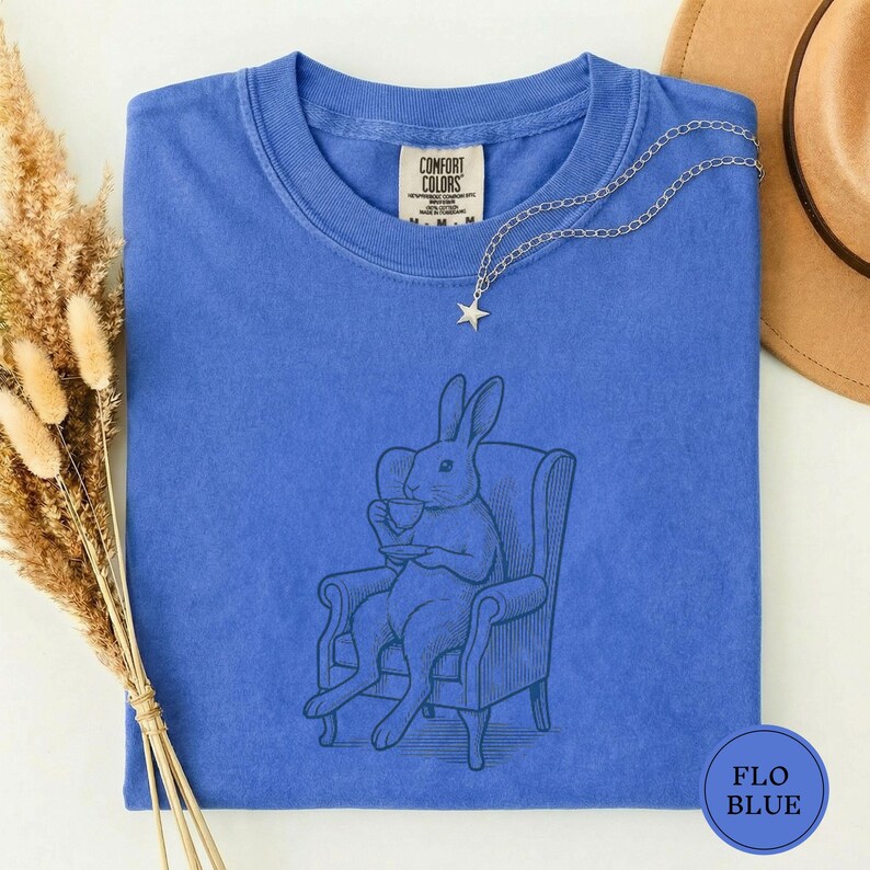 Rabbit Vintage Tea Shirt, Cute Bunny Tee, Rabbit Lover Gift, Funny Animal Drink Tee, Cute Pet Lover Gift, Vintage Animal Tee Gift Flo Blue