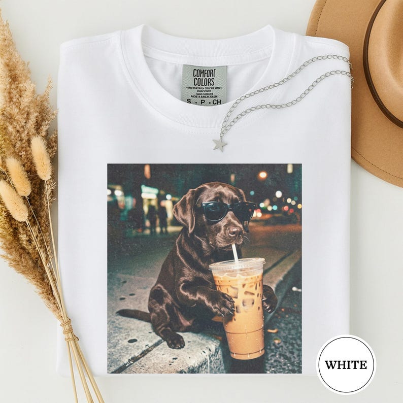 Funny Chocolate Lab Drinking Iced Coffee Shirt, Animal Meme Tee, Dog Lover Gift, Funny Lab Shirt, Dog Mom Gift, Chocolate Lab Gift White