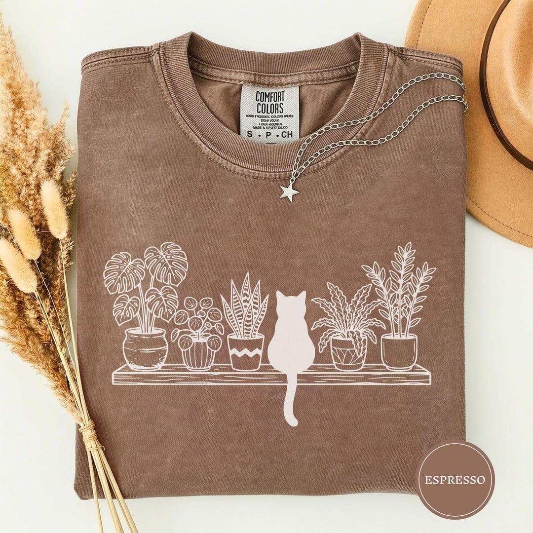 Cats and Plants Shirt, Black Cat Plant Lady Tee, Gardening Cat Lover ...