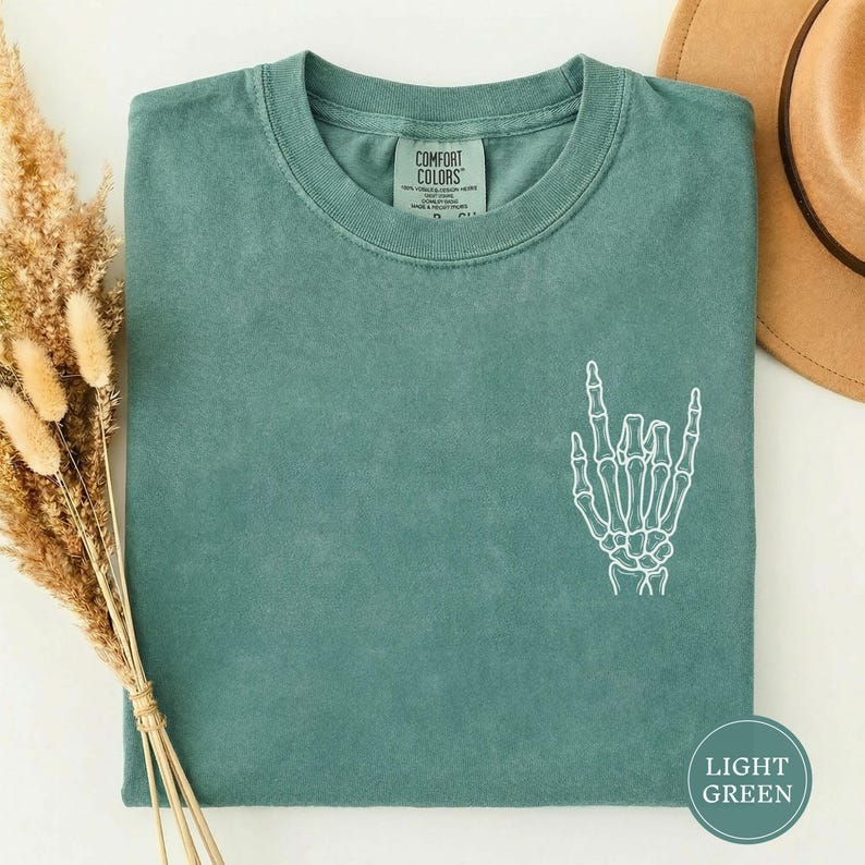 Rock On Skeleton Hand Shirt, Funny Rock Graphic Tee, Rock Fingers Shirt, Cool Mens Graphic Tee, Rock Music Gift, Rocker Tee, Gift for Him Light Green
