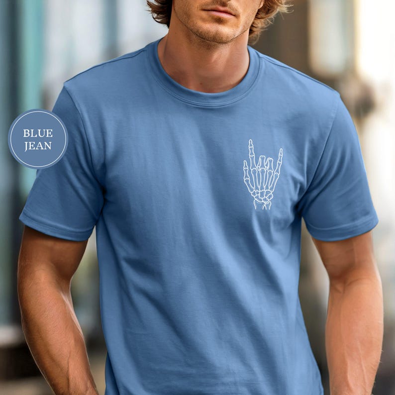 Rock On Skeleton Hand Shirt, Funny Rock Graphic Tee, Rock Fingers Shirt, Cool Mens Graphic Tee, Rock Music Gift, Rocker Tee, Gift for Him Blue Jean