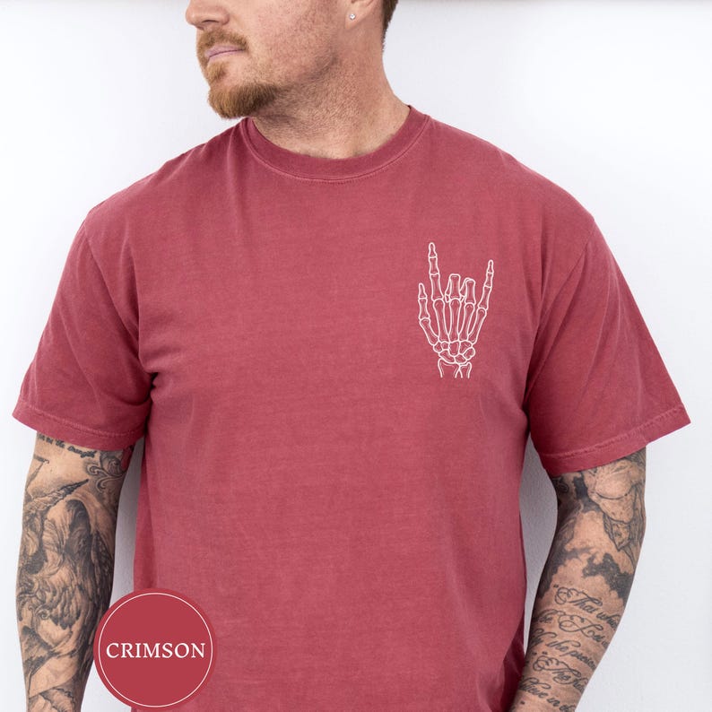 Rock On Skeleton Hand Shirt, Funny Rock Graphic Tee, Rock Fingers Shirt, Cool Mens Graphic Tee, Rock Music Gift, Rocker Tee, Gift for Him Crimson