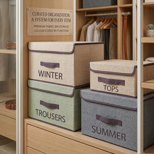 Könnte beinhalten: Stoff-Aufbewahrungsboxen in einem Schrank. Die Boxen sind mit "Winter", "Tops", "Trousers" und "Summer" beschriftet. Sie sind beige, grün und grau mit dunkelvioletten Verzierungen und Griffen. Der Text auf dem Schild lautet "Kuratiertes Organisation: Ein System für jeden Artikel".
