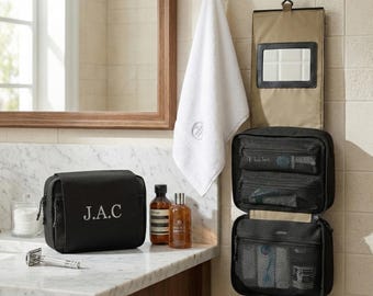 Gepersonaliseerde hangende toilettas, aangepaste dopp-kit voor heren, monogram reisorganizer.