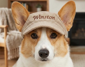Custom Embroidered Corduroy Pet Hat, Dog Cat Sun Visor Cap, Adjustable Ear Holes