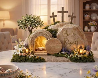 He Is Risen Christian Easter Decor, Empty Tomb Scene with 3 Crosses, Religious Table Centerpiece, Resurrection Gift