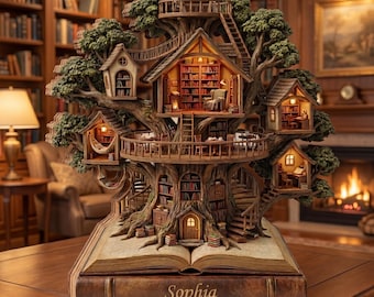 Personalized Treehouse Library Wooden Block, Magical Book Nook Decor, Custom Name Bookshelf Display, Fantasy Book Lover Gift