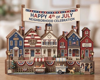 Personalized Patriotic 4th of July Village Decor, Custom Americana Wooden Block Shelf Sitter, Independence Day Home Town Sign