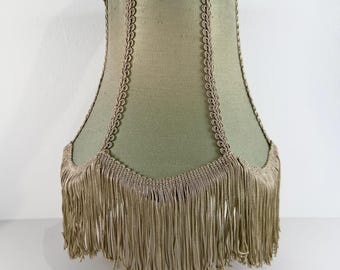 1970s Fringed Lamp Shade – Sage Green Boudoir Style, French Inspired Bell Shade with Tassel Trim