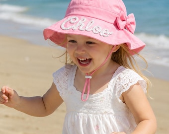 Personalized Kids Sun Hat with Bow, Embroidered Name Beach Hat for Girls, Wide Brim Summer Bucket Hat, Toddler UV Protection Gift for Her