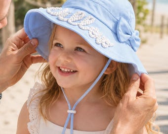 Personalized Toddler Sun Hat with Bow, Custom Embroidered Name Beach Hat, Wide Brim Summer Cap for Girls, Baby Vacation Gift for Her