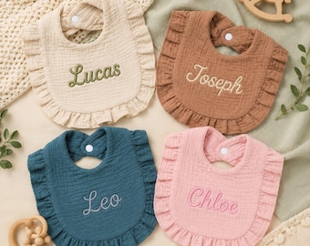 Personalized Baby Girl Bib with Ruffle Edge Custom Name Embroidered Drool Bib Infant Feeding Bib Baby Shower Gift Soft Cotton Style Bib