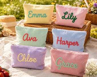 Custom Name Makeup Bag, Personalized Embroidered Corduroy Cosmetic Pouch, Bridesmaid Gift, Travel Toiletry Organizer for Women, Daily Use