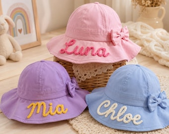 Personalized Toddler Sun Hat with Bow, Custom Embroidered Name Beach Hat, Wide Brim Summer Cap for Girls, Baby Vacation Gift for Her