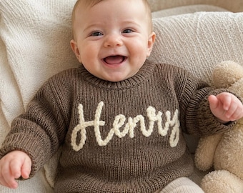 Personalized Kids Sweater, Handmade Name Embroidered Baby Toddler Pullover, Cozy Knitted Gift for Boys and Girls, Unique Custom Wear