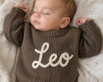 Personalized Kids Sweater with Custom Name Embroidery, Handmade Toddler Knit Pullover, Cozy Baby Birthday Gift, Christmas Nursery Outfit