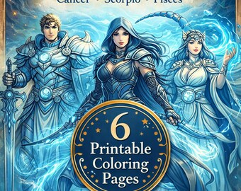 Water Signs Zodiac Warrior Coloring Pages | Cancer, Scorpio, Pisces Fantasy Art (PDF Download)
