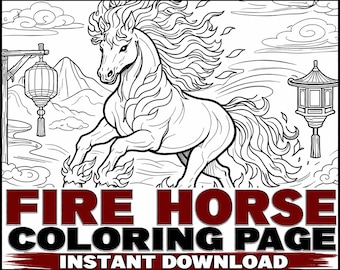 Fire Horse Printable Coloring Page | Fantasy Art | Adult Coloring PDF