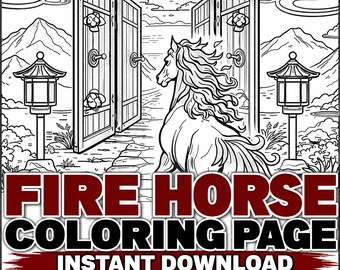 Horse Coloring Single Page Printable, Chinese Zodiac, Adult Coloring PDF