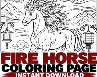 Fire Horse Printable Coloring Page | Fantasy Art | Adult Coloring PDF