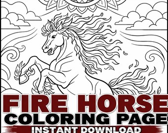Fire Horse Printable Coloring Page | Fantasy Art | Adult Coloring PDF