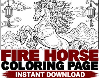 Fire Horse Printable Coloring Page | Fantasy Art | Adult Coloring PDF