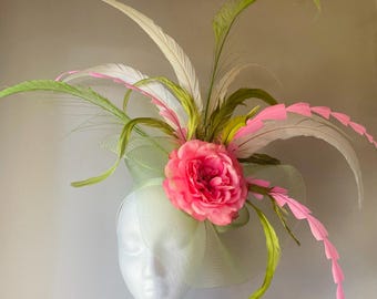 Lisa - Moss Green and Pink Derby Hat fascinator with peacock sword feathers