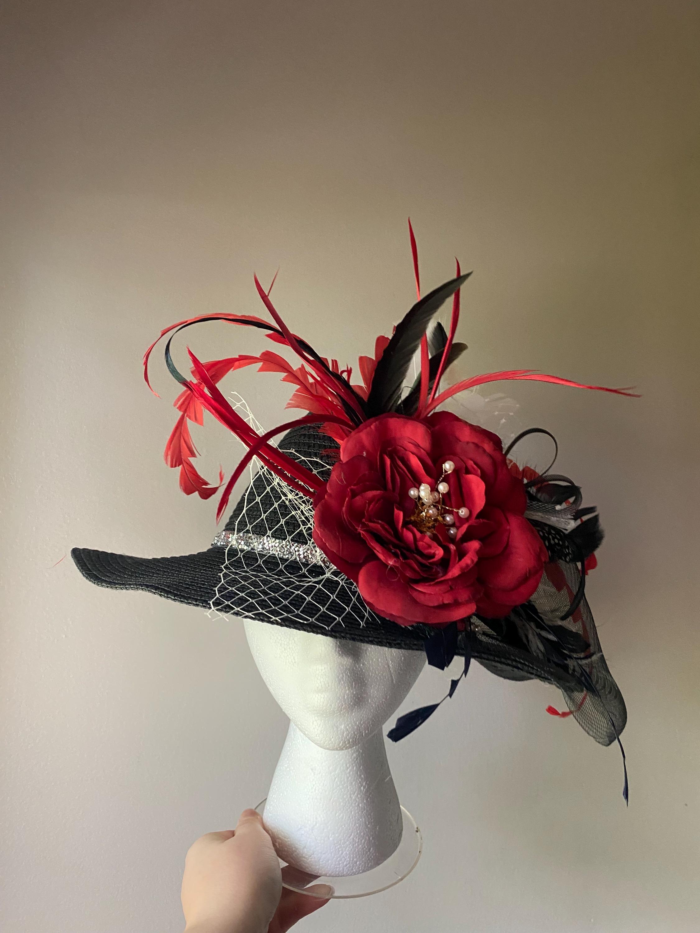 THE HAT GENERATION Red, Wide Black Band, Beautiful Feathers, Rhinestone Detail Fancy Wide Brim Leather Hat Red Black and Gold W/2 Large  main image 2