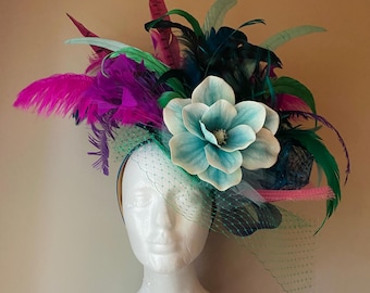 Showgirl - Derby hat fascinator hot pink, fuchsia, purple, teal, aqua, green hatinator with pheasant and ostrich feathers