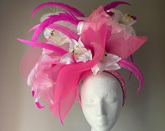 Filly - Hot Pink Derby Hat fascinator with white lily flowers, fuchsia rooster feathers, ostrich feathers, rhinestone headband