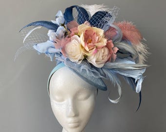 Mickey - Baby Blue, Navy, and Peach Derby Fascinator Hat with flowers, netting, rooster feathers, ostrich feather
