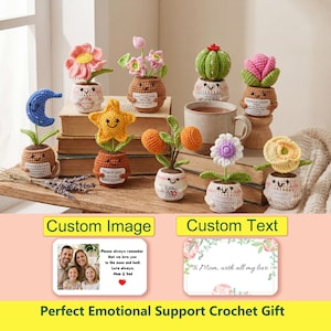 May include: A collection of small, handmade crochet plants and shapes in pots, each featuring a smiling face and a small white sign with text. The set includes a blue moon, a yellow star, various flowers, a cactus, and a succulent, all arranged on books.