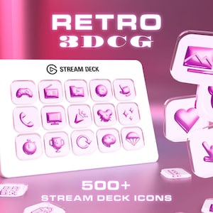 Puede incluir: Un Stream Deck blanco con iconos rosas, incluyendo un mando de videojuegos, una radio y un corazón. El texto "RETRO 3DCG" y "500+ STREAM DECK ICONS" se muestran en rosa. También se ven iconos flotantes adicionales.