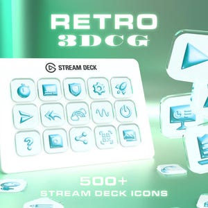 May include: A white Stream Deck with 15 illuminated blue icons, including a clock, monitor, and settings gear. The text "RETRO 3DCG" and "STREAM DECK" are visible. The image also shows floating icons and the text "500+ STREAM DECK ICONS".