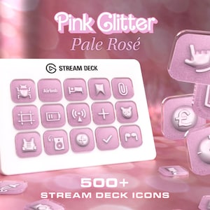 以下が含まれることがあります： Airbnbやベッドのシンボルなど、ピンク色のボタンとアイコンが付いた白いStream Deck。「Pink Glitter Pale Rosé」と「500+ Stream Deck Icons」の文字が表示されています。追加のピンク色のアイコンが散らばっています。