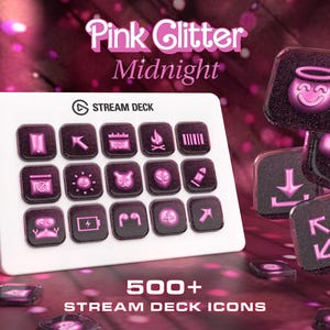 May include: A white Stream Deck with pink illuminated icons, including symbols and graphics. The image features the text "Pink Glitter Midnight" and "500+ Stream Deck Icons."