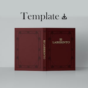 Puede incluir: Una plantilla de portada de libro de color rojo oscuro con el texto El LABERINTO en dorado en la parte frontal y el lomo. La cubierta incluye un borde decorativo negro con detalles florales. Sobre el libro, aparece la palabra Template con un icono.