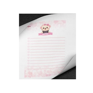 May include: A white notepad with pink hearts and lines. A cartoon bear with a pink bow is at the top, above the word "NOTES". The notepad has a list of hearts on the left side.