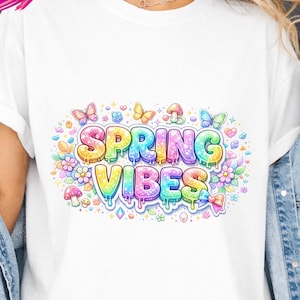 Spring Vibes PNG, conception typographique printanière goutte à goutte colorée, joli graphique papillon fleur arc-en-ciel | Téléchargement numérique