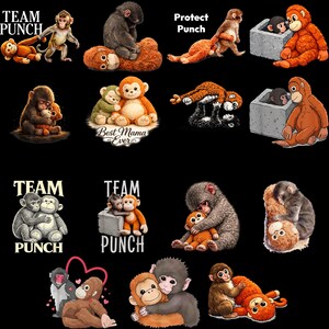 May include: A selection of monkey-themed illustrations on a black backdrop. The images feature plush toy monkeys in different poses, some embracing, and others with text such as "Team Punch" and "Best Mama Ever". The colour scheme includes shades of brown, orange, and grey.