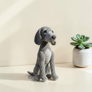May include: A handmade, gray crochet dog figurine with a brown nose and floppy ears. The dog is sitting upright with its tail curled. A small succulent plant in a white pot is to the right of the dog.
