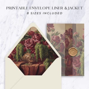 Könnte beinhalten: Druckbare Umschlagauskleidung und -jacke mit floralem Design. Die Umschlagauskleidung zeigt ein Stillleben aus roten Rosen und Grün in einer goldenen Vase. Die Jacke hat ein Blumenmuster und ein goldenes Wachssiegel. Der Text lautet "8 Größen enthalten."