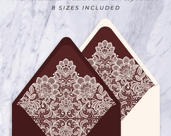 Forros de encaje romántico para sobres de boda + funda de vitela / PDF imprimible, 7 tamaños